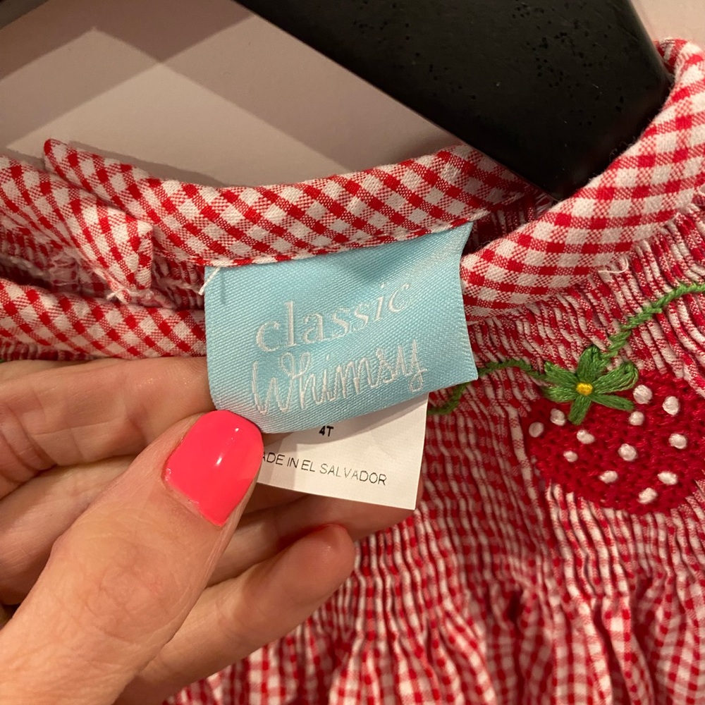 Classic Whimsy Strawberry Smocked Red Check Gingham Kids Dress 100% Cotton 4T - Picture 3 of 3